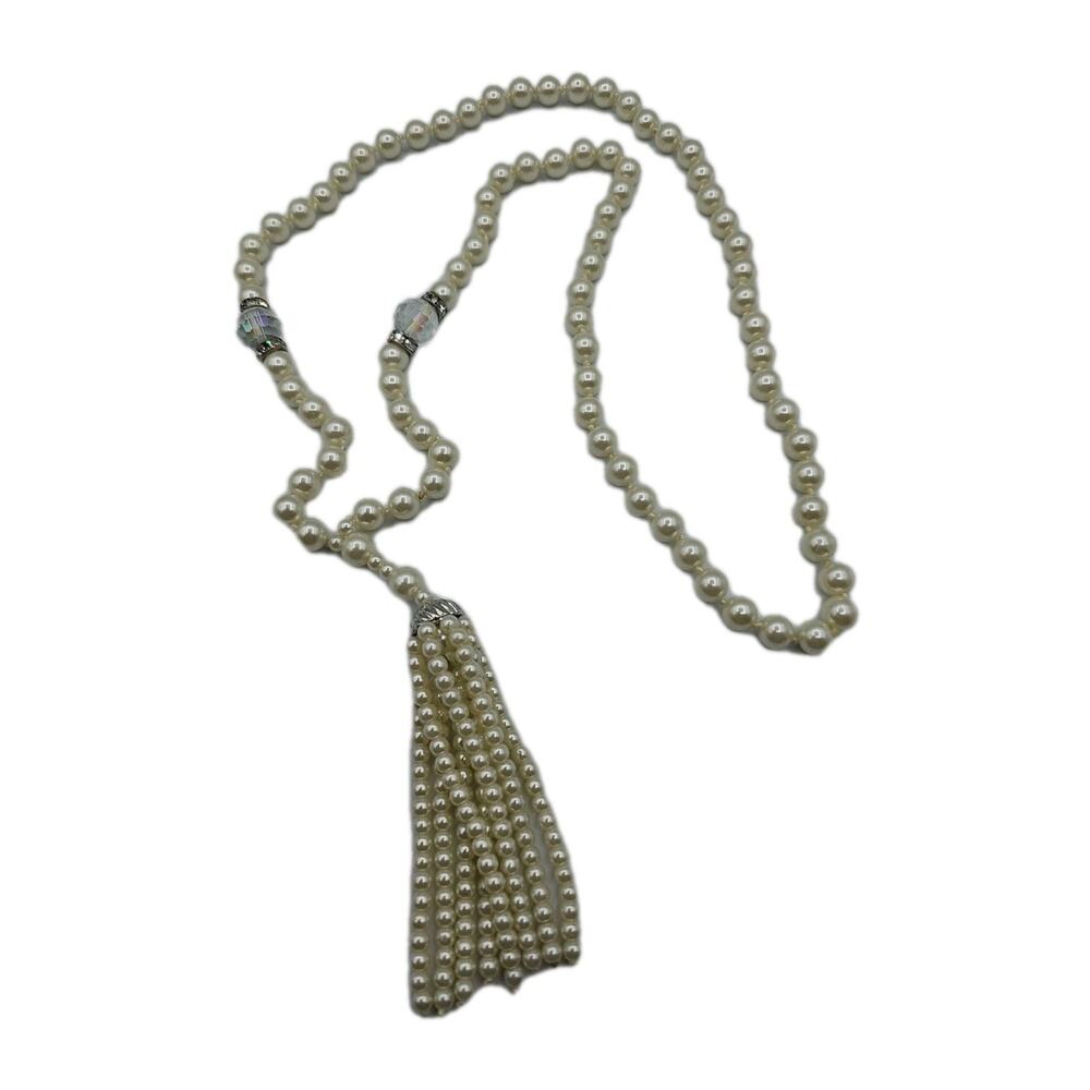 Vintage Faux Pearl Tassel Necklace Pendant Chain Faux Water Pearl Mid Century 30